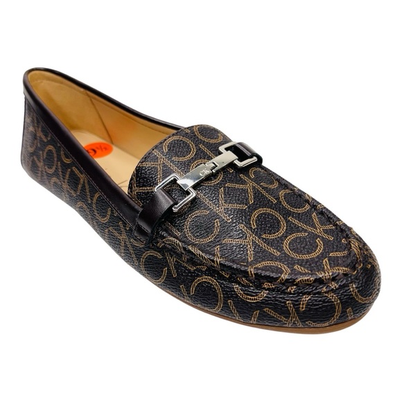 Calvin Klein Leanna Brown Logo Print Vegan Leather Metal Bit Slip On Loafer Shoe - Picture 1 of 13